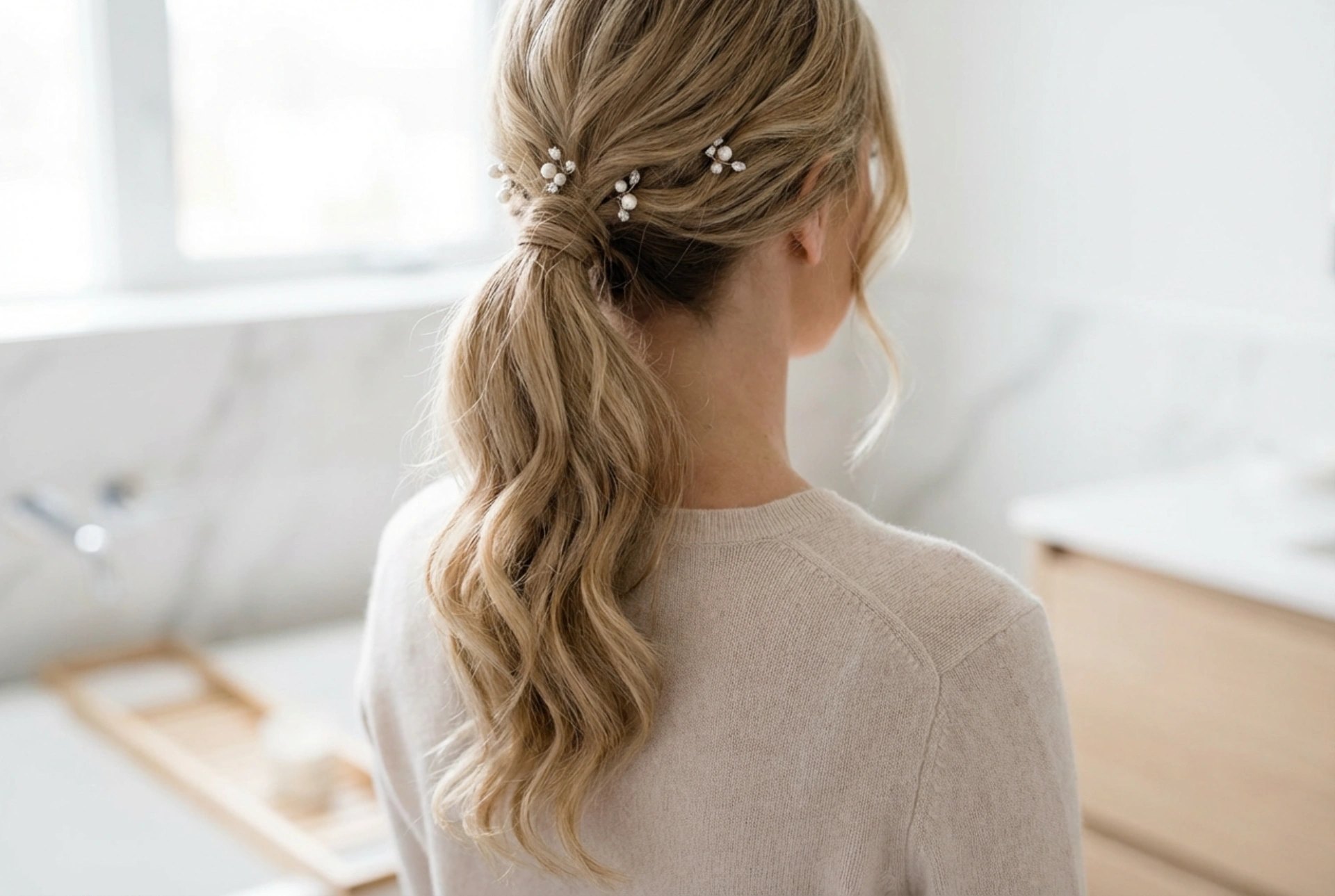 Hästsvans för bröllop: Elegant hästsvans, vågor och accessoarer