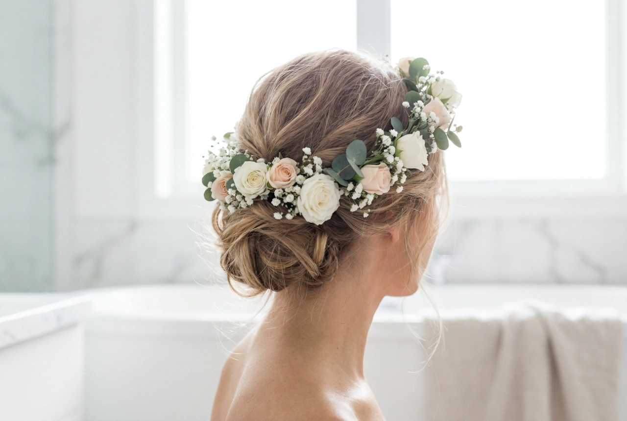 Romantiska håruppsättningar: Frisyrer med blomsterkrans för bröllop och sommar