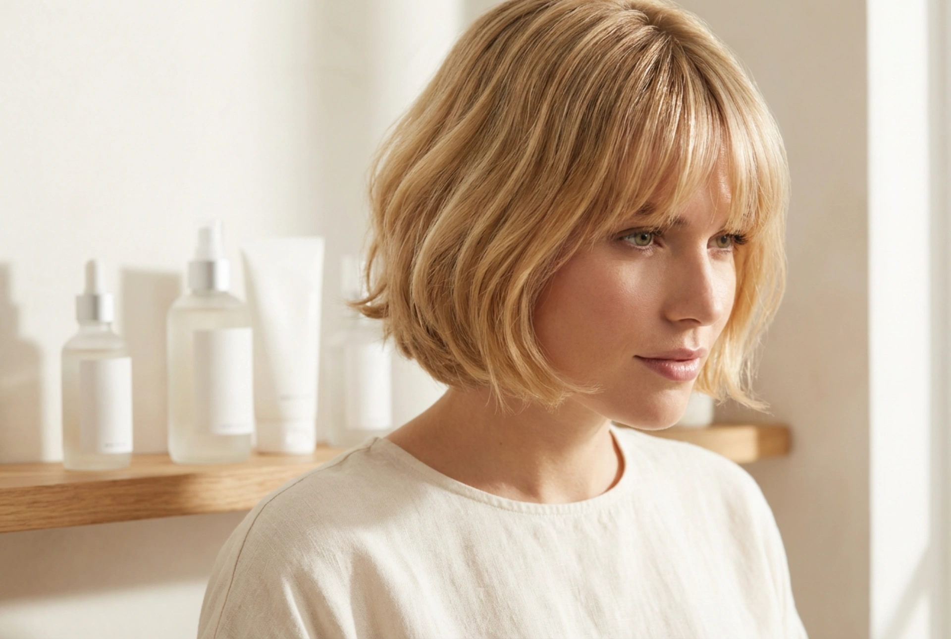 Kort blont hår med lugg: färgskydd och volym