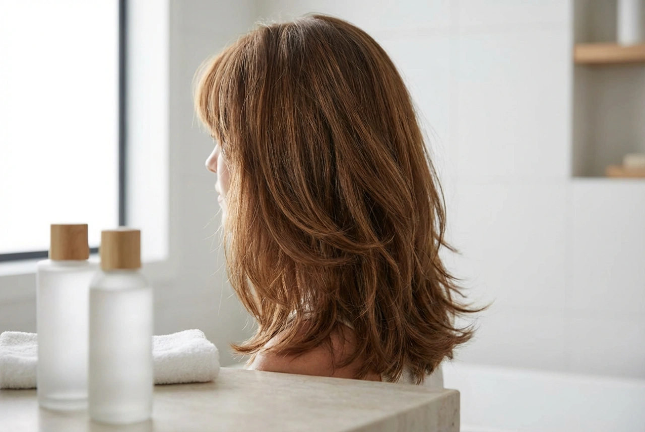 Uppklippt axellångt hår med lugg: styling, volym och produkter