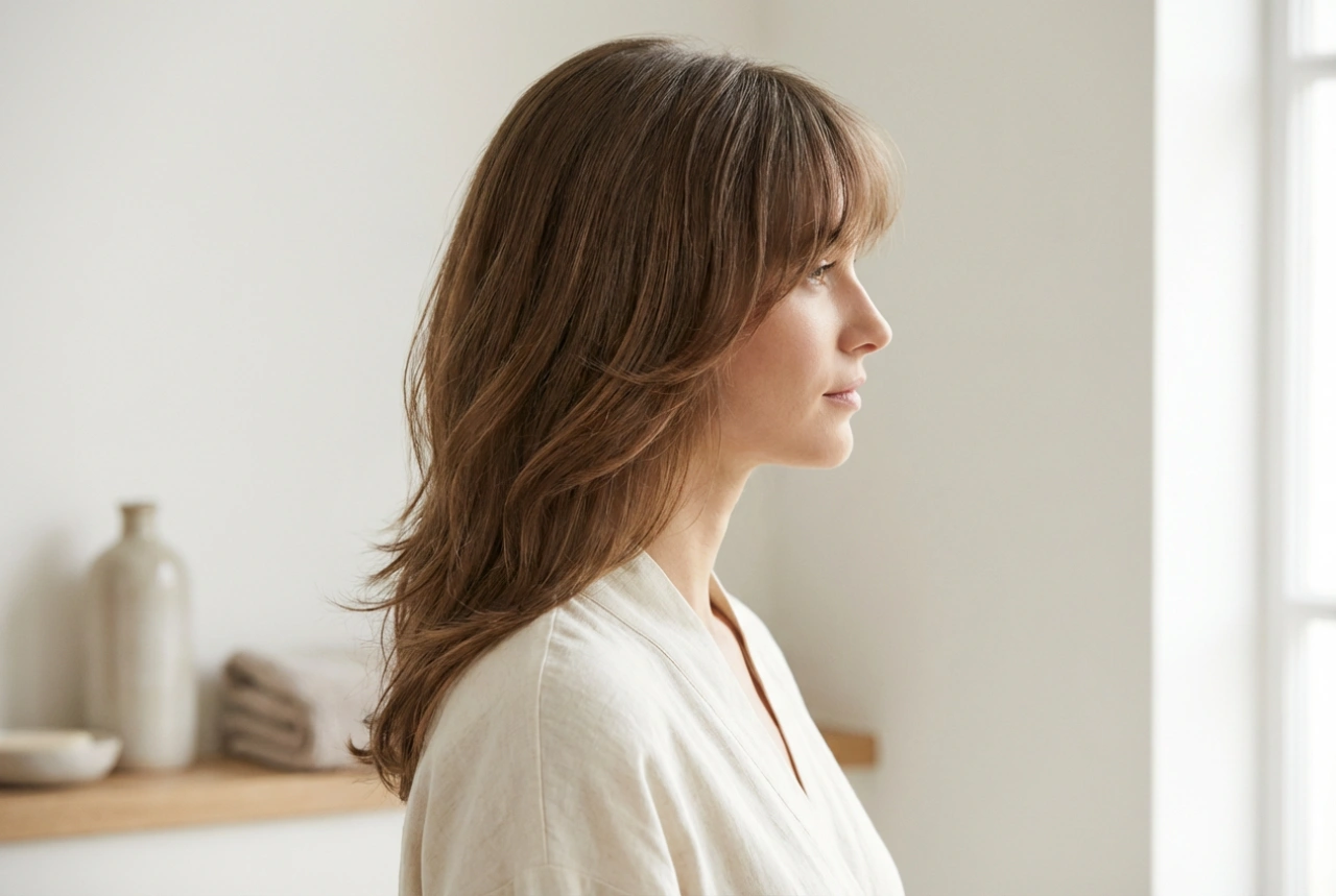 Uppklippt hår med lugg: klippning, lager och styling