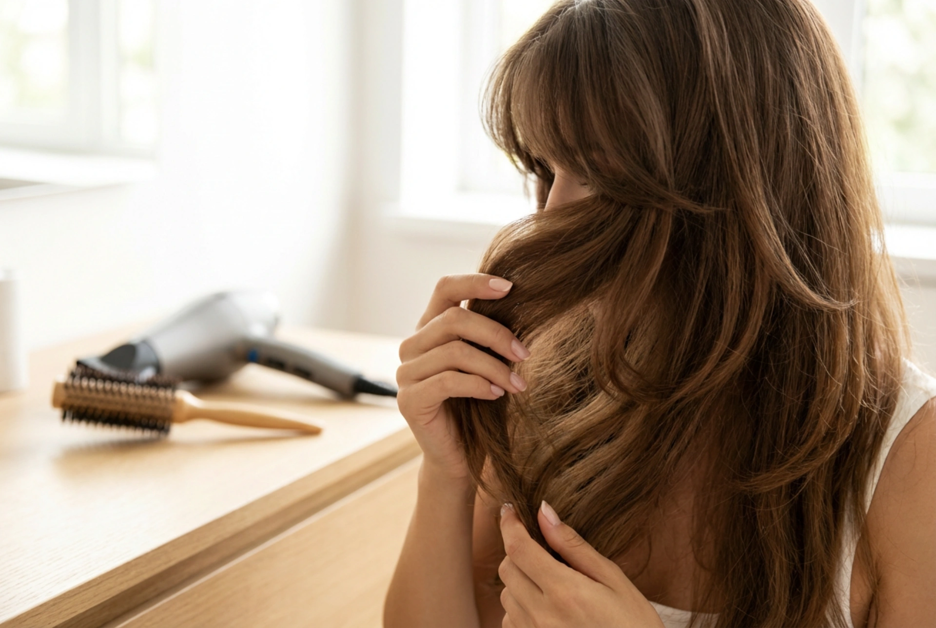 Tekniker för långt, uppklippt hår med lugg: torkning och styling