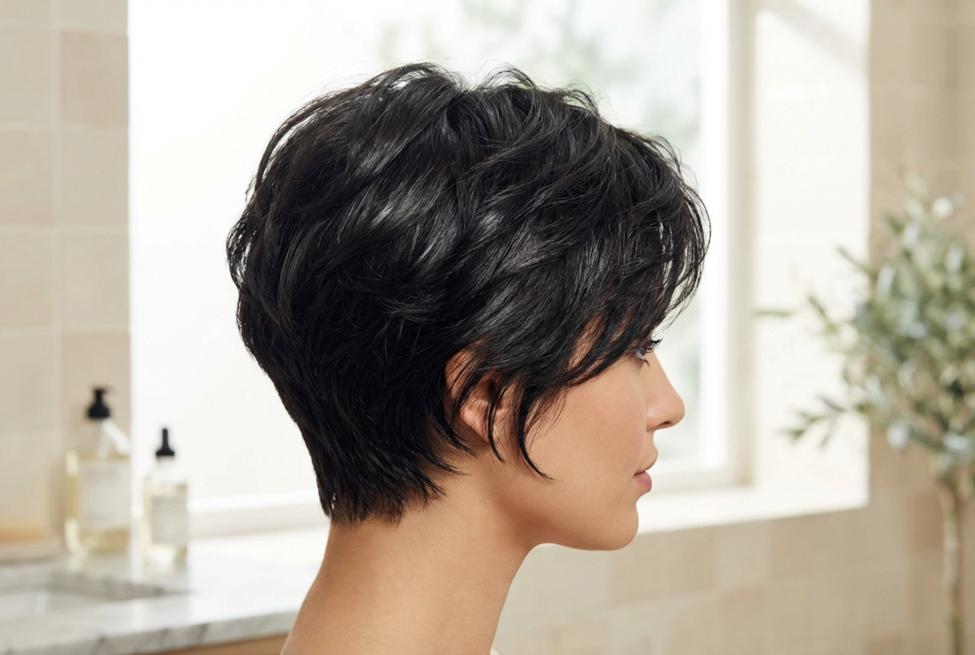 Aftonfrisyr: kort hår, textur, volym och glans