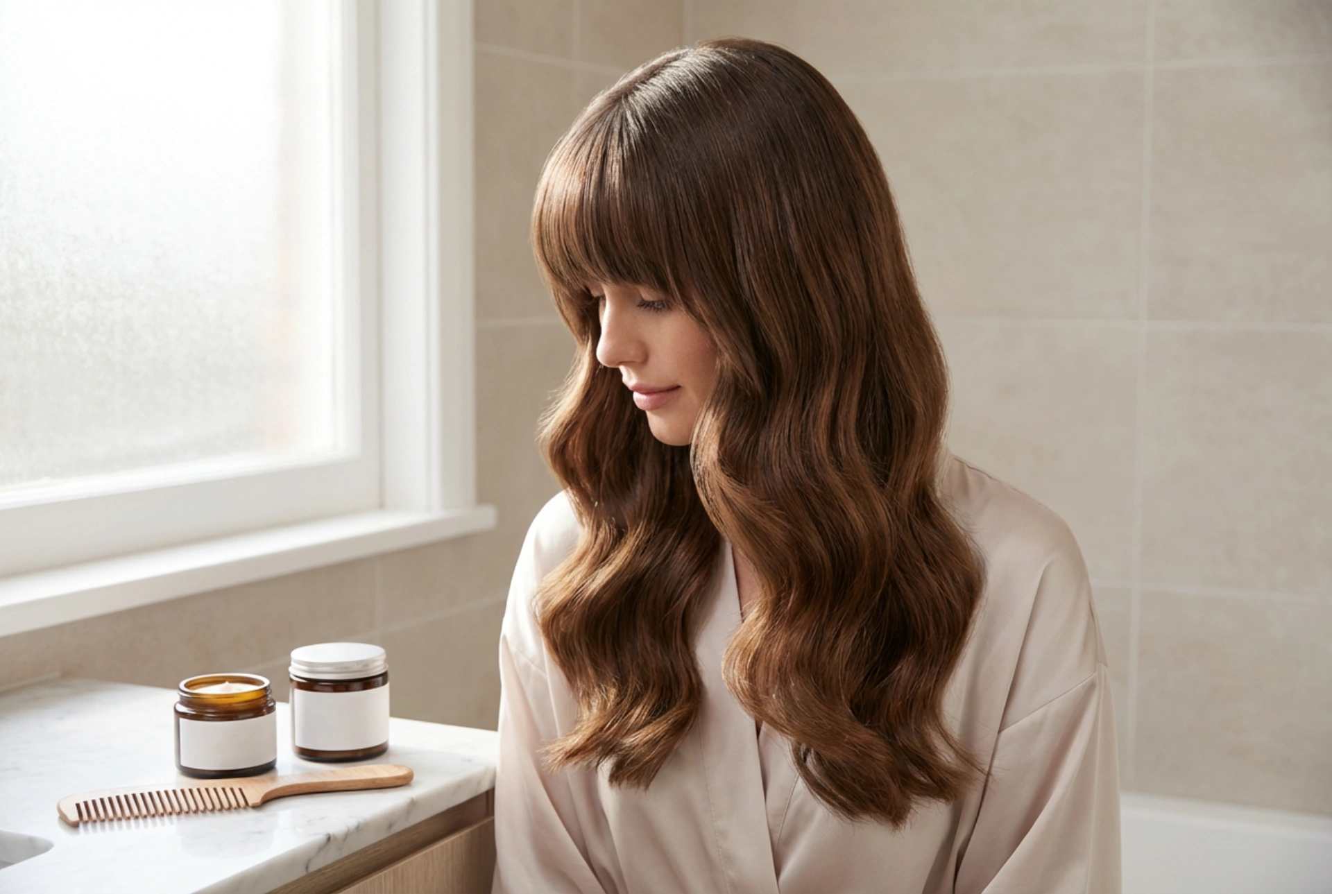 Långt hår med lugg: vågor, utslätning och fixering