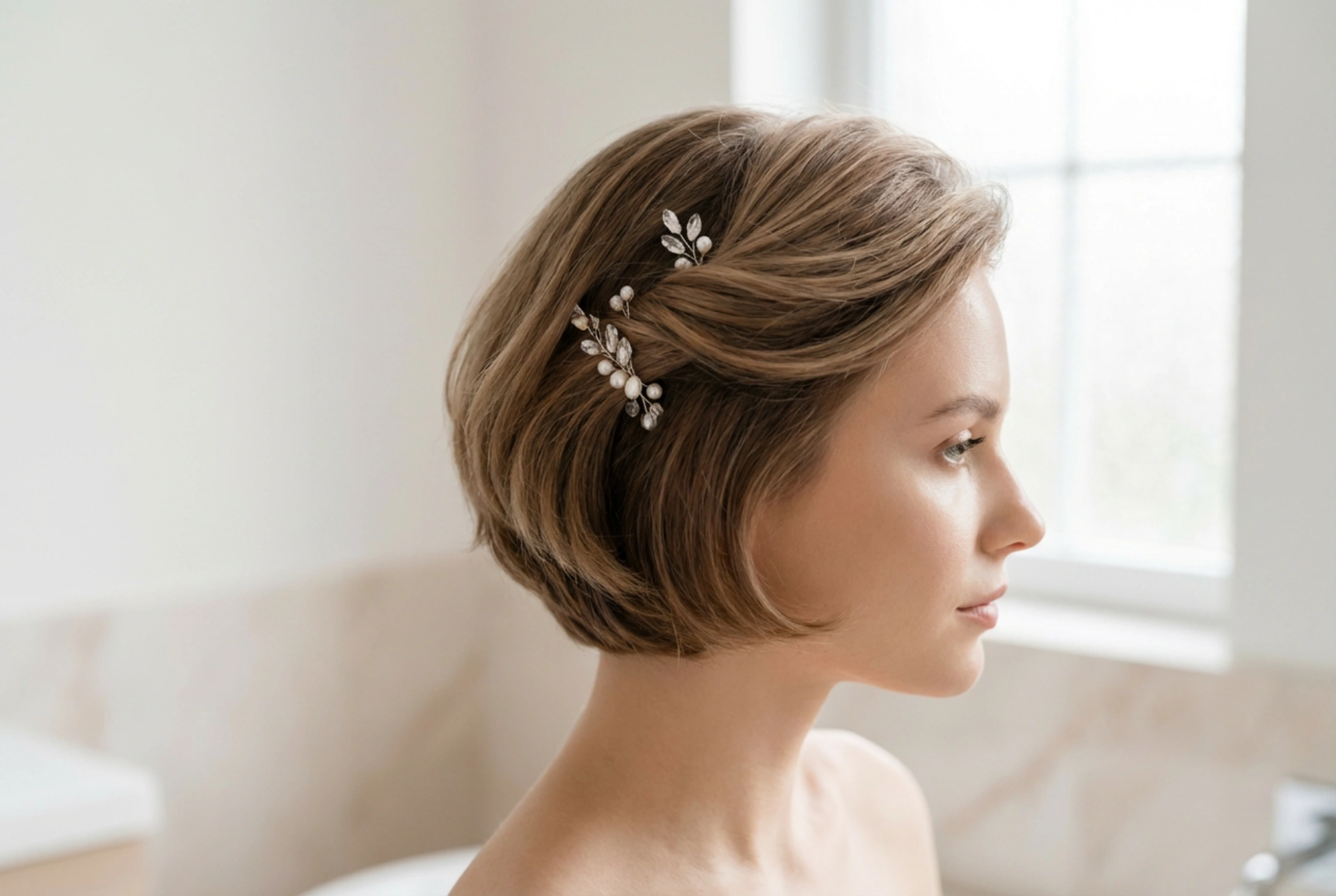 Bröllopsfrisyrer för kort hår: volym, hårspännen, textur