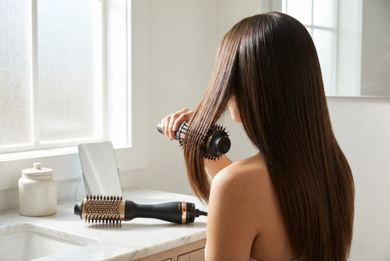 Varmluftsborste med jonisering: slät volym utan friss