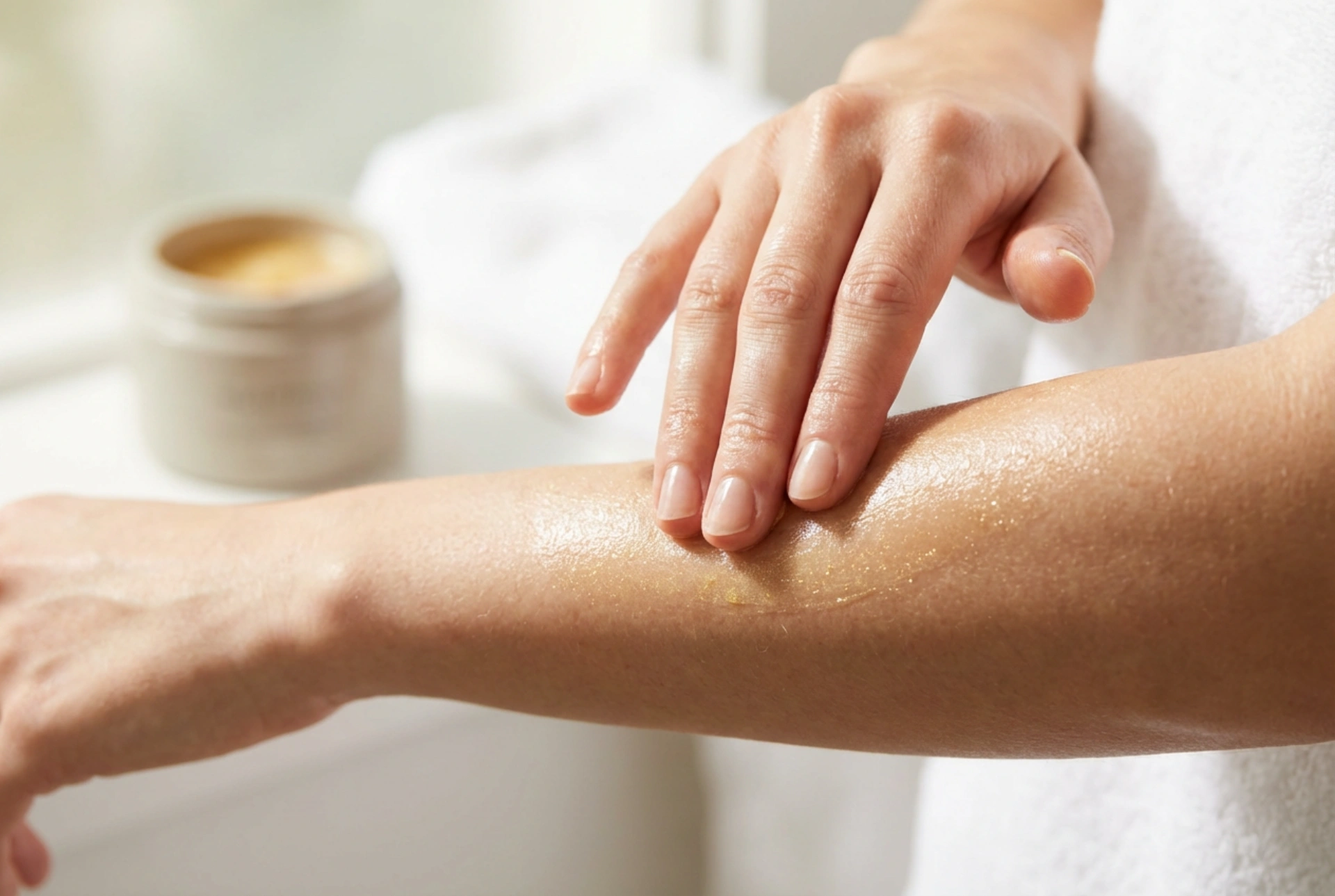 Guldpartiklar i hudvård: kroppsbalsam med guldpartiklar och jämn applicering
