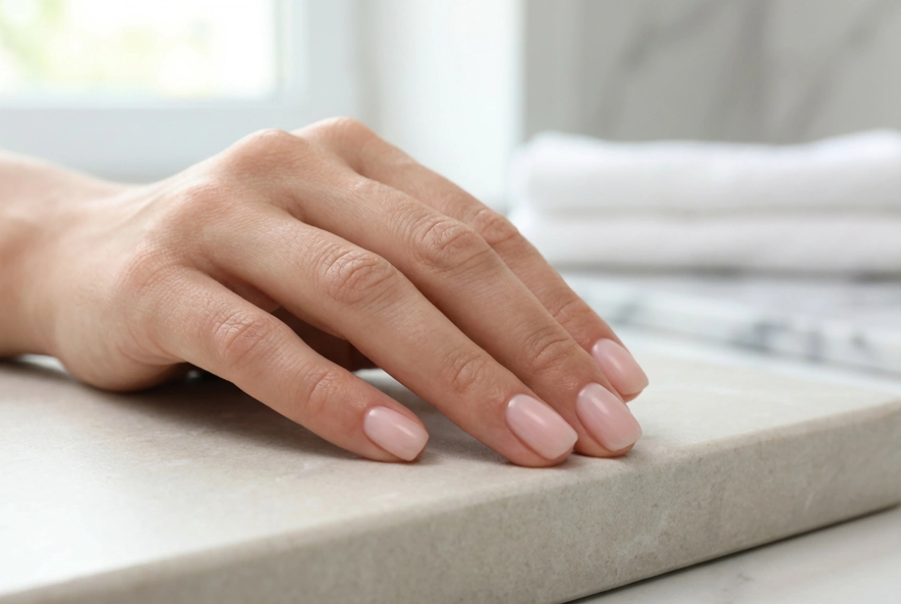 Korta hybridnaglar utan kladd på nagelbanden: form och lackning
