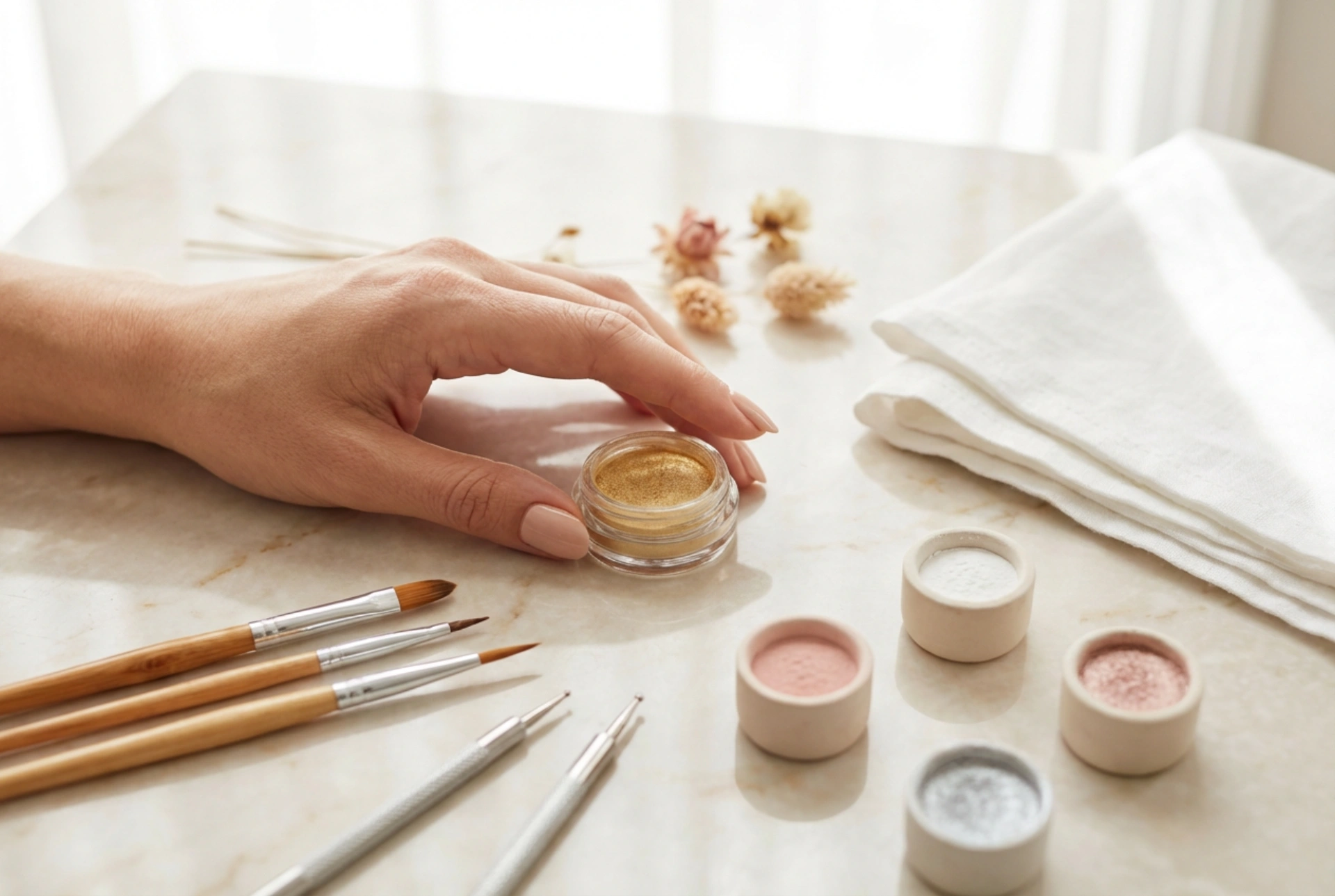 Nageldekoreringskit: Hur du använder penslar, prickverktyg och nagelpulver