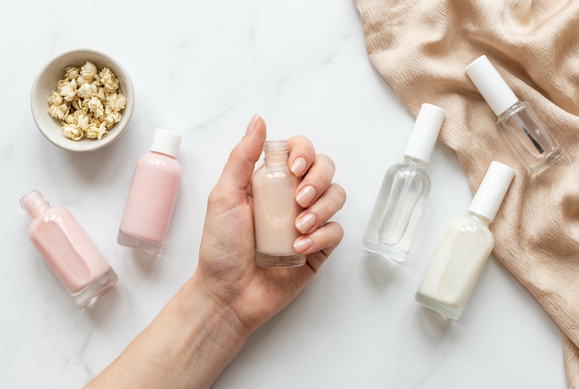 Naturlig hybridmanikyr: byggbaser, mjölkiga nyanser och finish