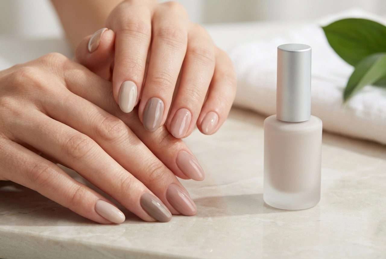 Naturlig hybridmanikyr: nudetoner, tunna lager och glansig finish