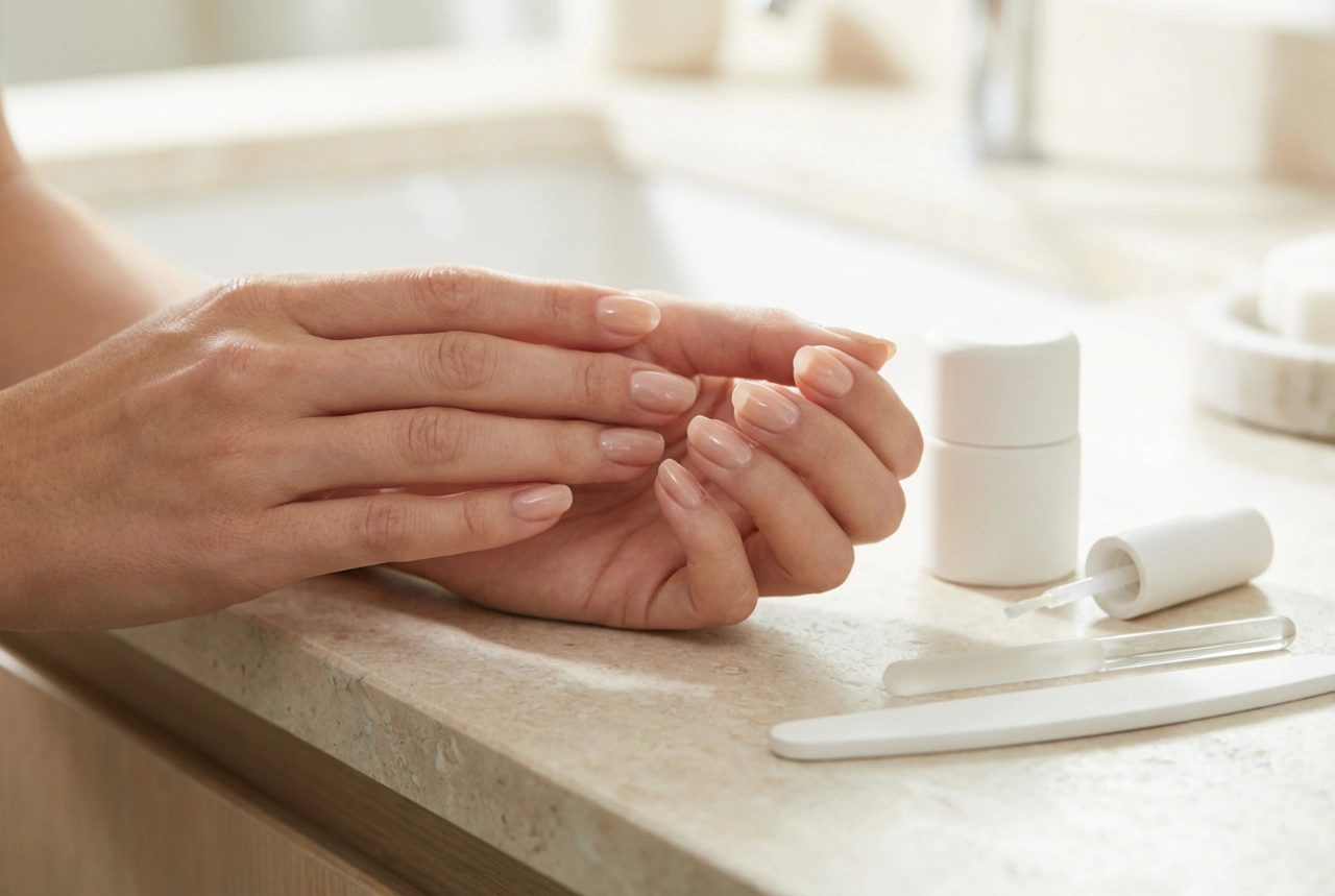 Naturliga hybridnaglar: nudefärger, tunt lager, hög glans