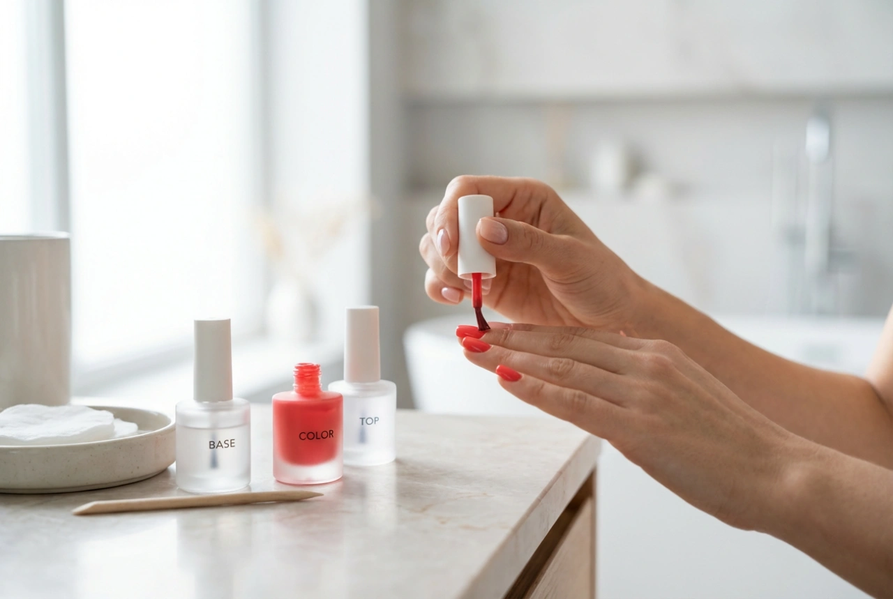 Gellacknaglar steg för steg: förberedelse, baslack, färg, topplack