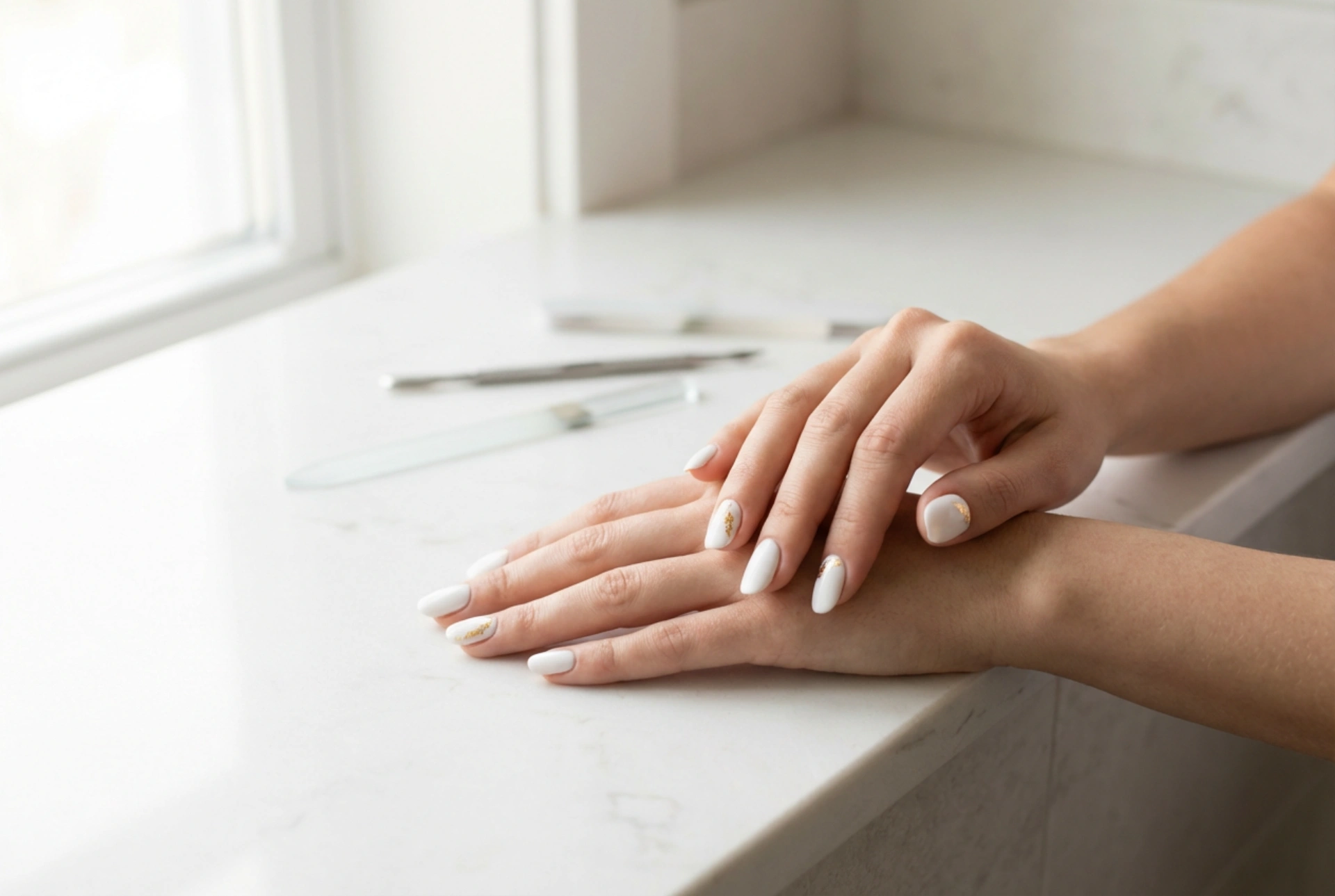 Vita naglar med guldfolie: tekniker för applicering och skydd