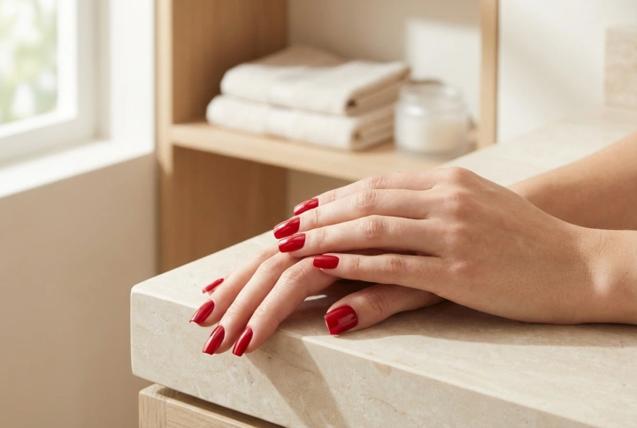 Röda fyrkantiga naglar: filning, målning och finish