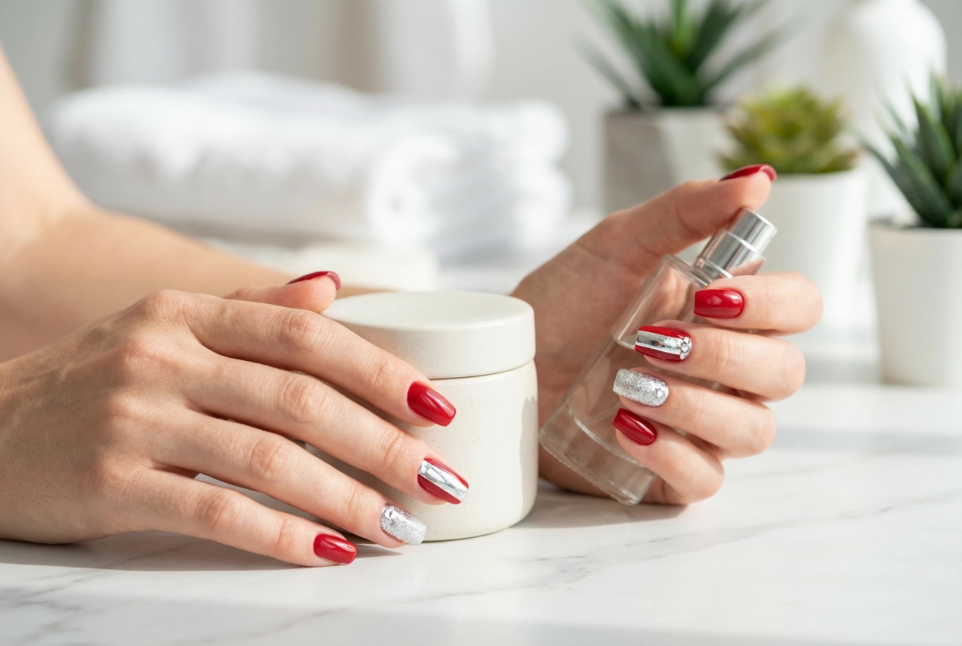 Röda naglar med silver: hur man kombinerar glitter, folie och strass