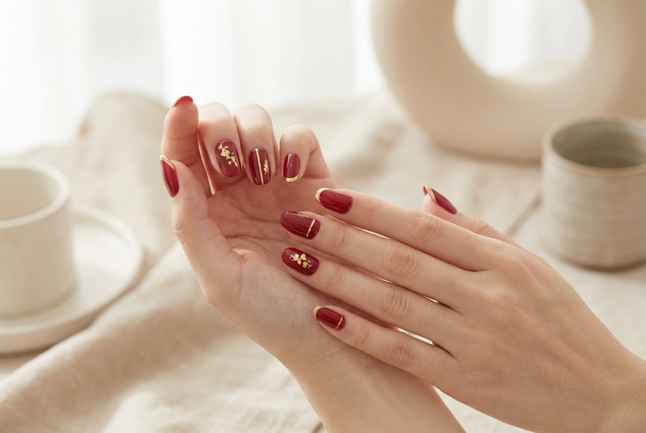 Gyllene accenter på röda naglar: folier, ränder och fransk manikyr