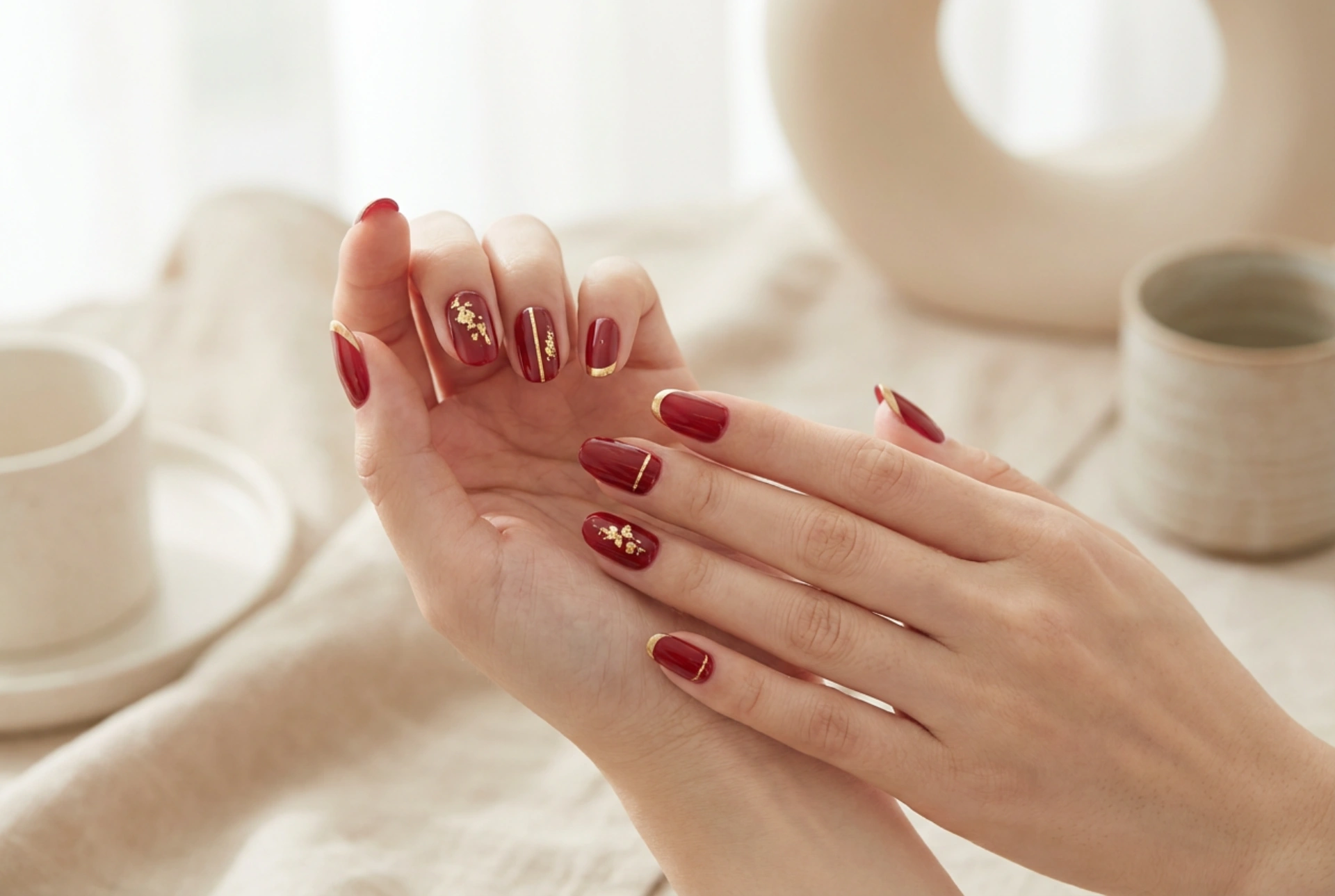 Gyllene accenter på röda naglar: folier, ränder och fransk manikyr