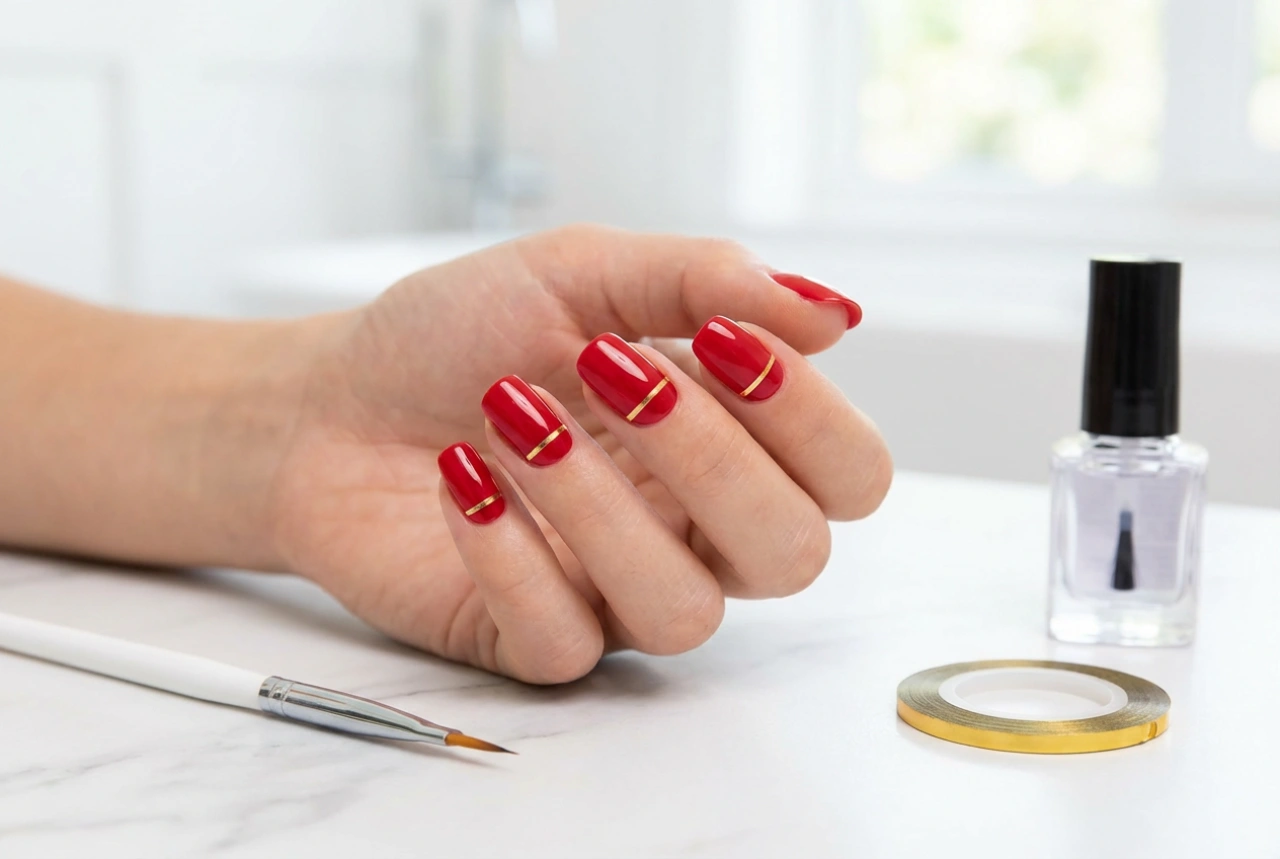 Gyllene rand på röda naglar: självhäftande tejp och pensel