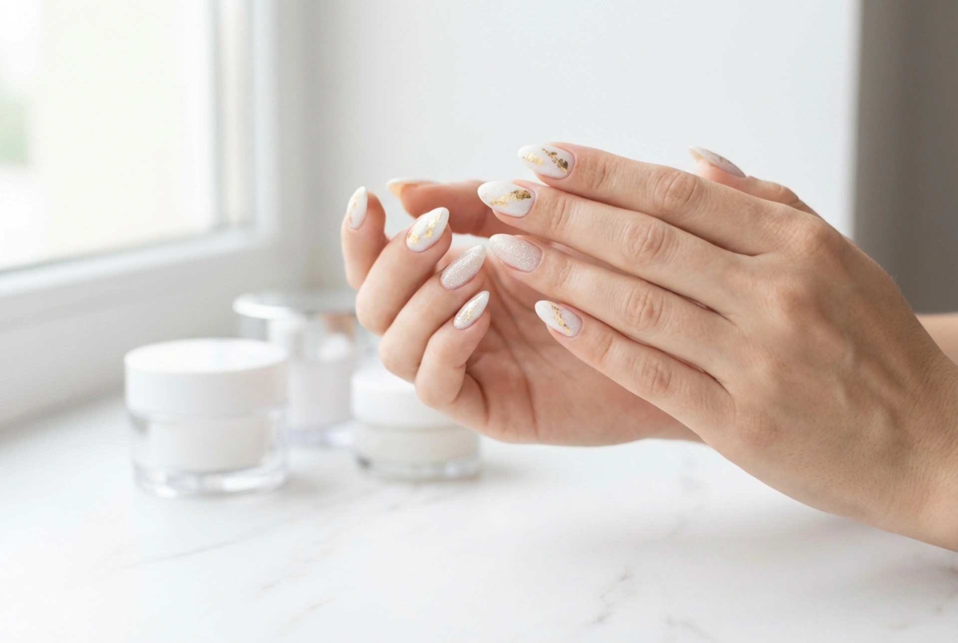 Vita och guldiga naglar: en elegant manikyr med folie och glitter