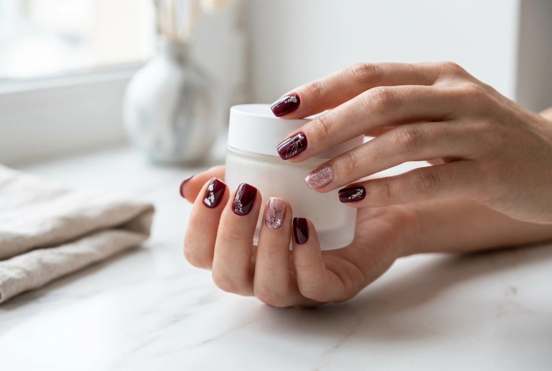 Vinröda naglar med silver: metalliska accenter, folie och glitter