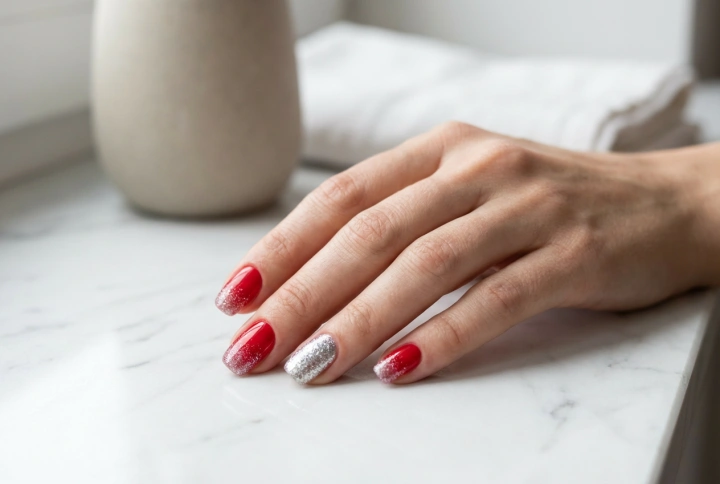 Röda naglar med silverglitter: jämn toning och accent