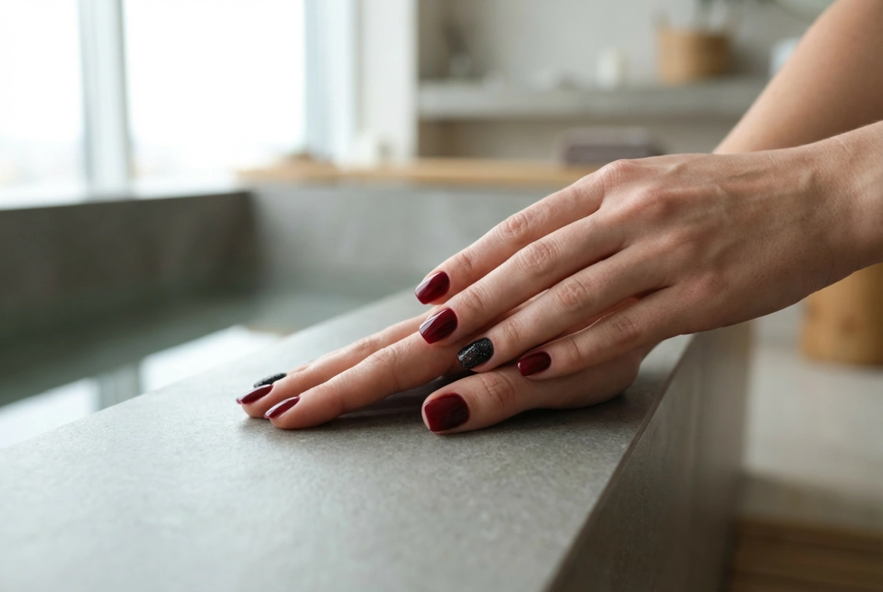 Röda naglar med svart glitter: Hur man kombinerar texturer och färger