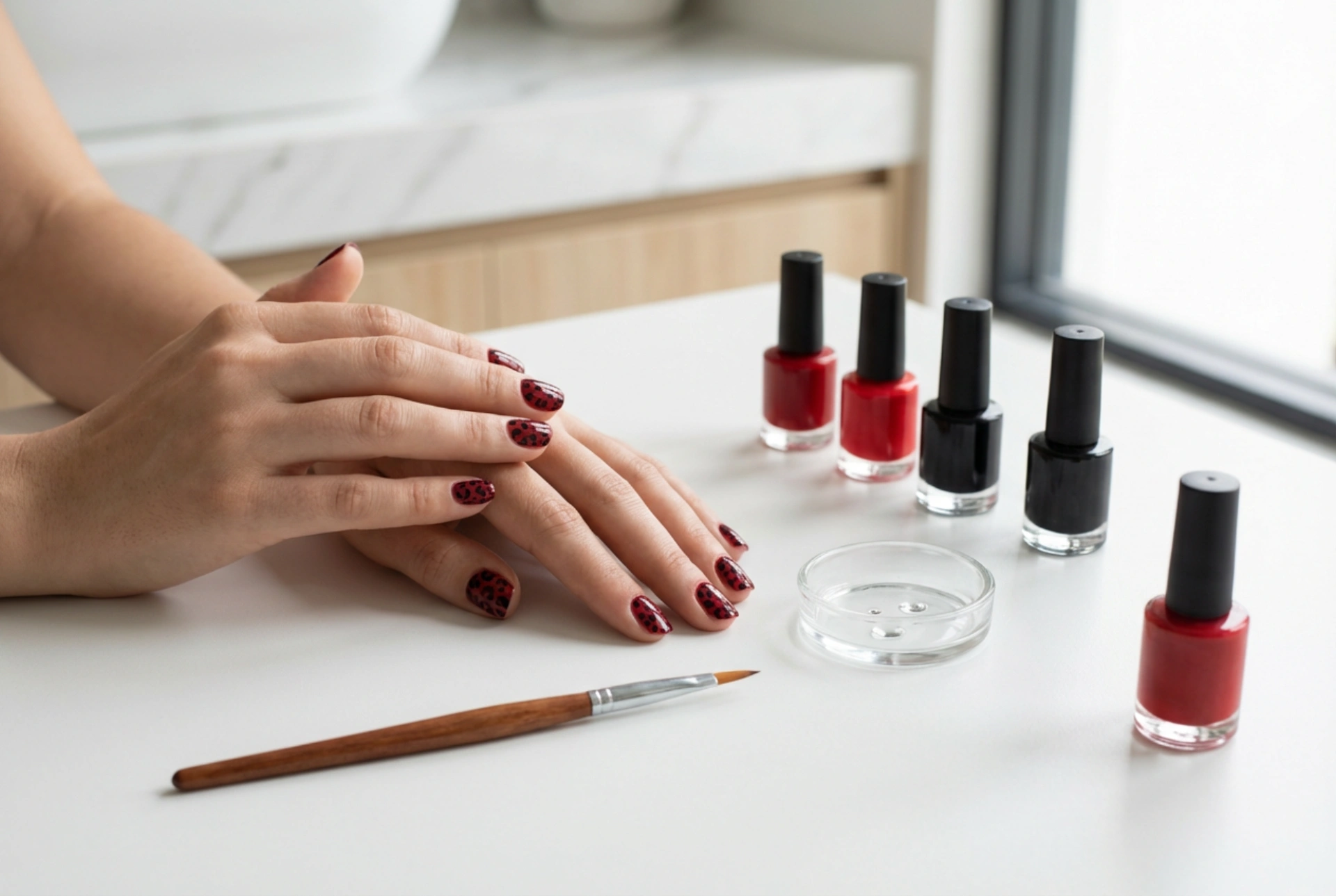 Röda naglar med leopardmönster steg för steg: enkla metoder och verktyg