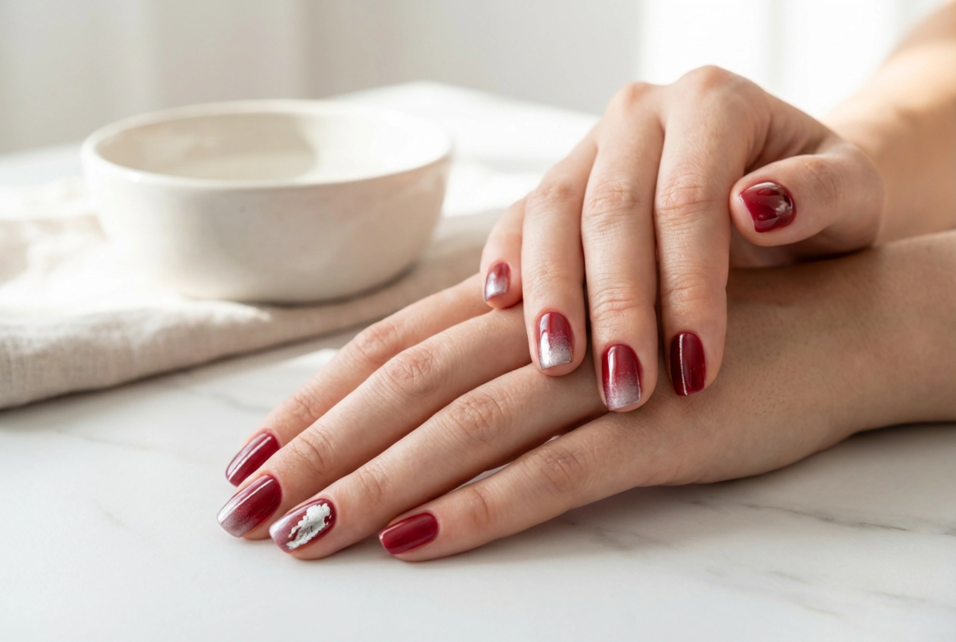 Röda naglar med silver: gradient, linjer och en accentnagel