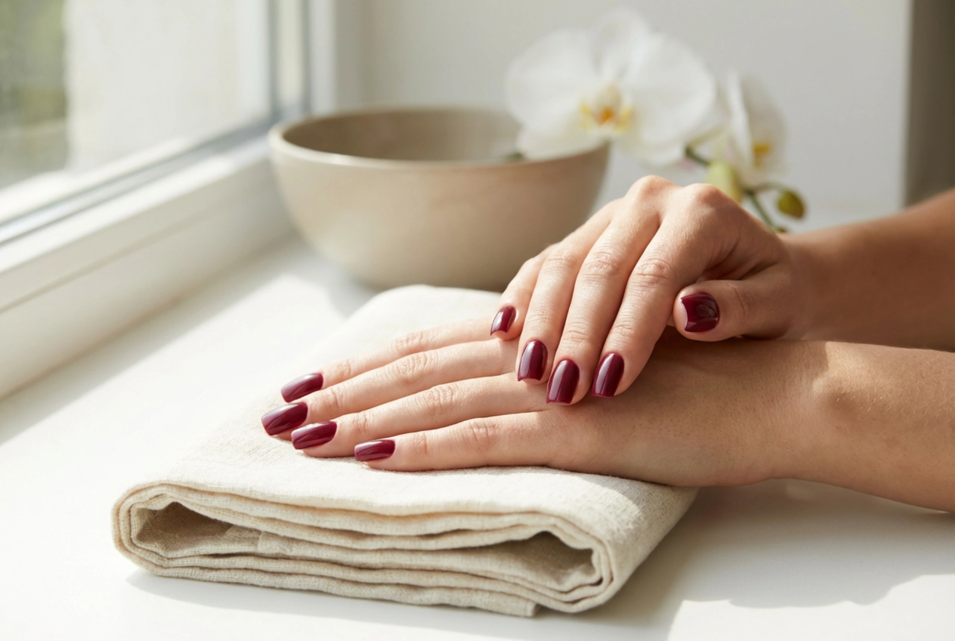 Vinröda fyrkantiga naglar: hur man filar formen och målar utan att kladda