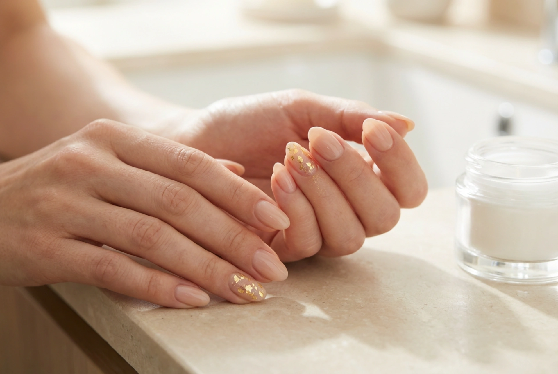 Nude naglar med guld: eleganta accenter, folier och glitter