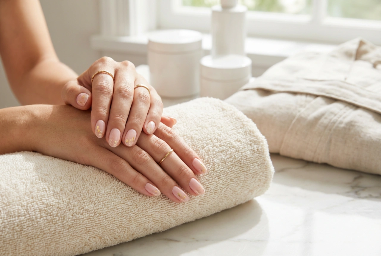 Rosa naglar med guld: folier, puder och subtila accenter