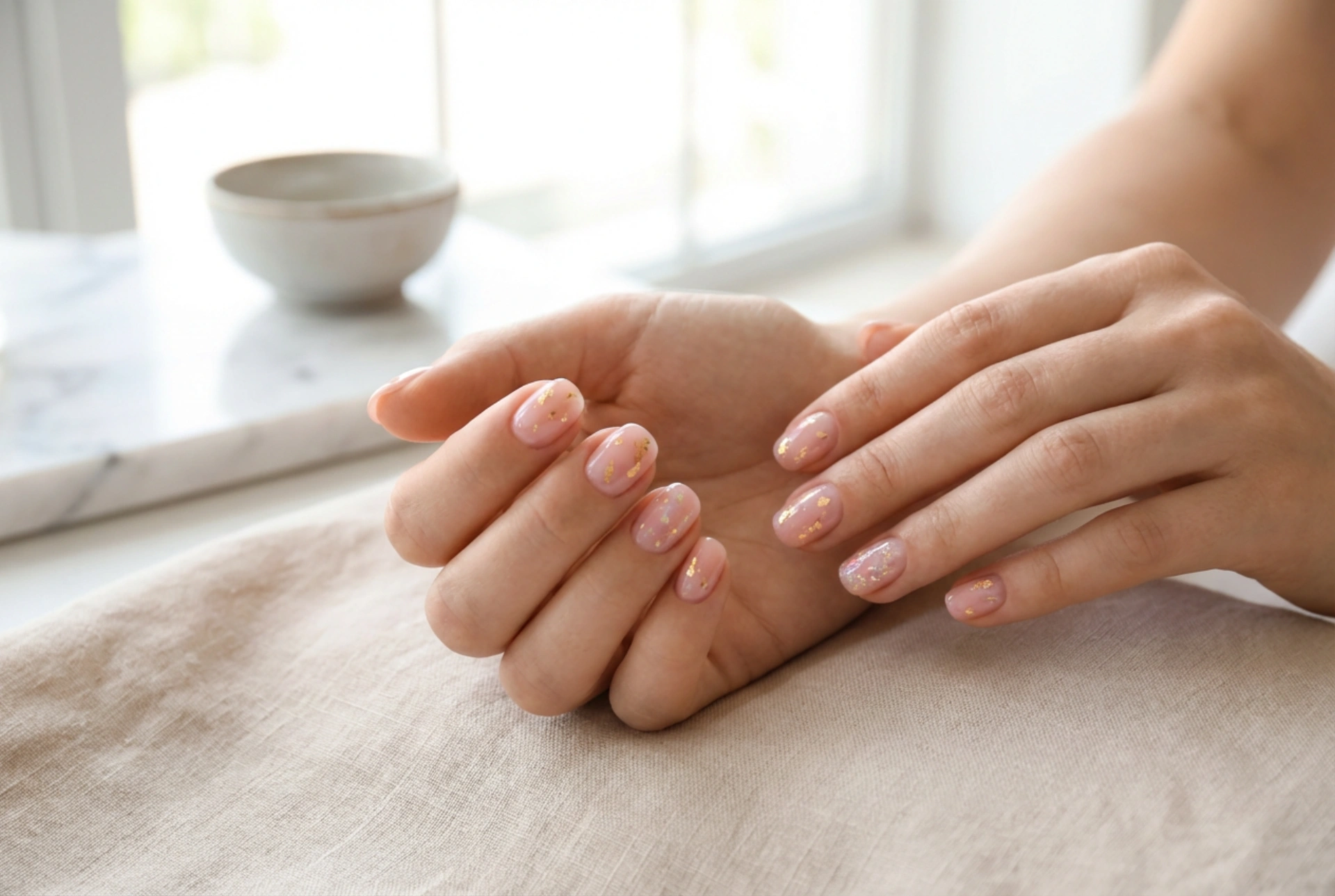 Rosa naglar med guld: delikat folie, flingor och genomskinligt topplack