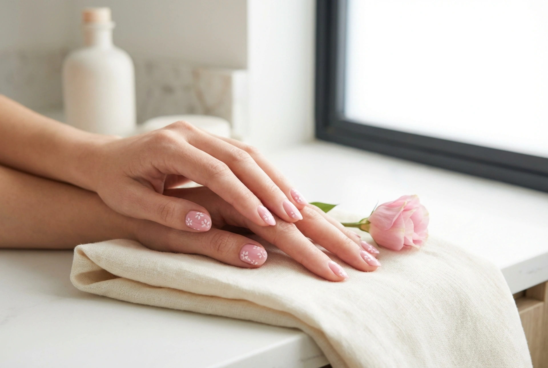 Blommor på naglarna: rosa naglar med blommor steg för steg