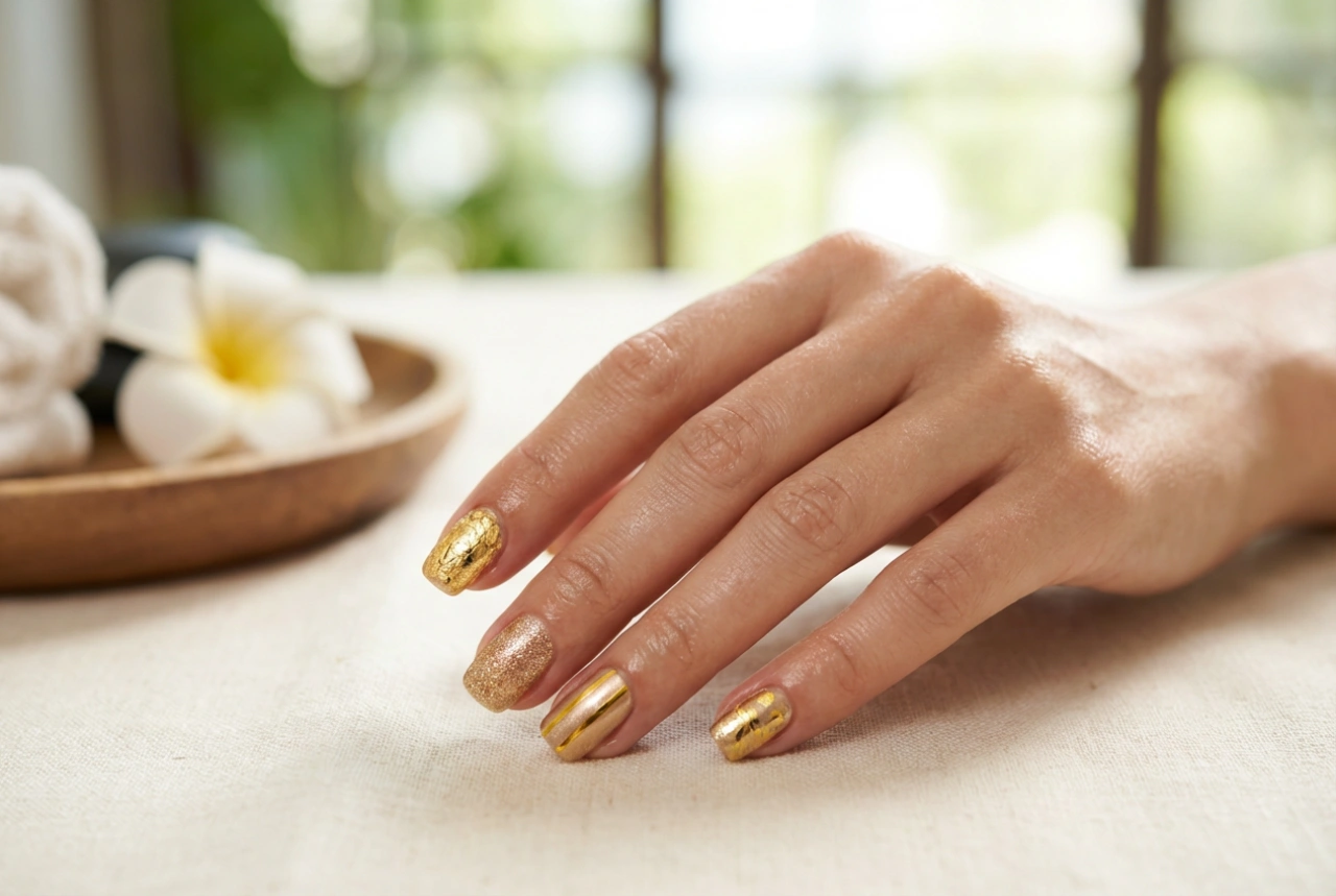 Gyllene nageldekorationer: folie, tejp, klistermärken och nagelpulver