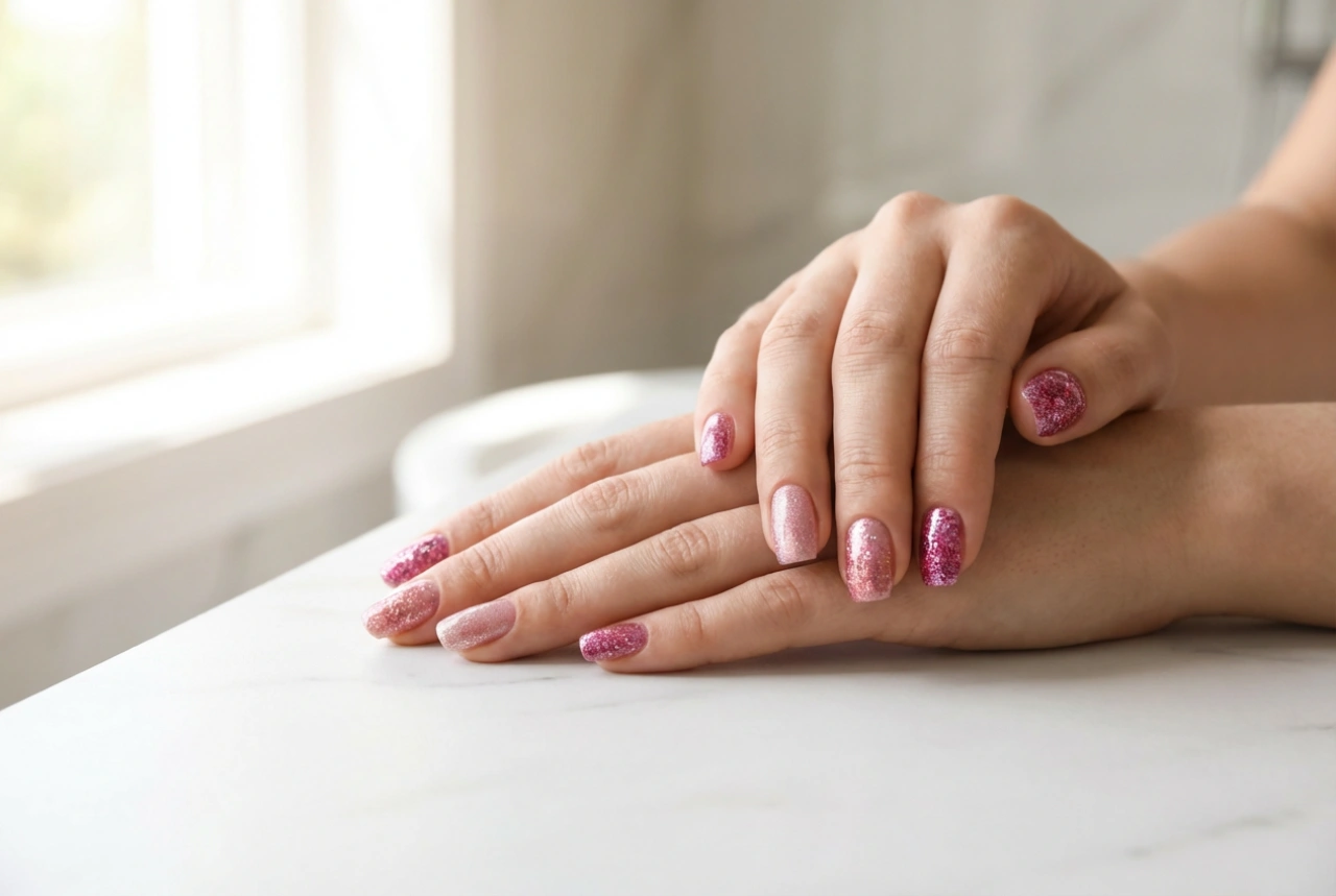 Rosa glitternaglar: Hur du kombinerar nyanser och texturer