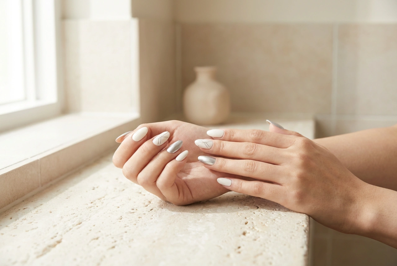 Vita och silverfärgade naglar: eleganta kombinationer och enkla dekorationer