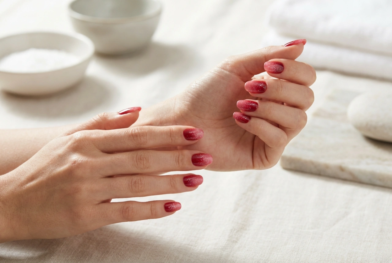 Röda ombre-naglar med glitter: mjuka övergångar och glans utan kladd