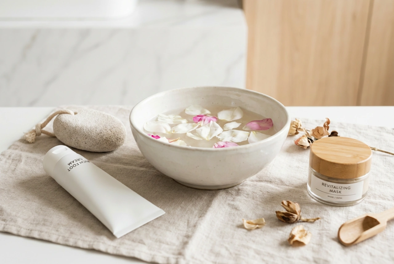 Fotvård hemma: fotbad, exfoliering, kräm och mask