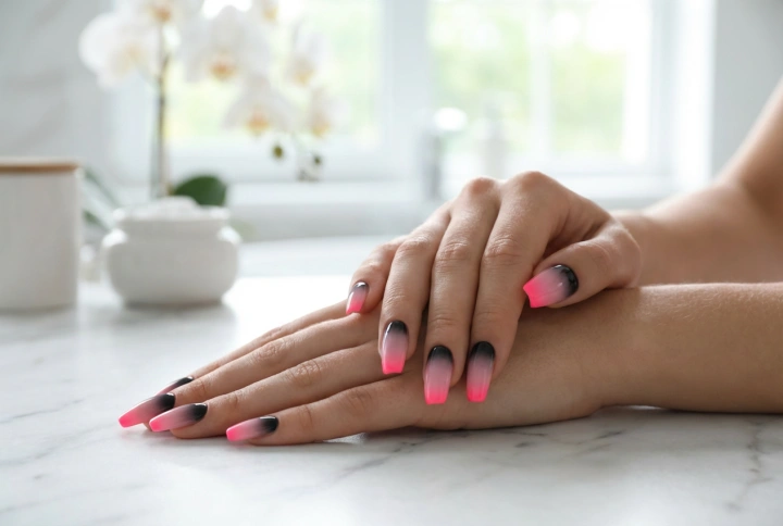 Svart-rosa ombre-naglar: från neon till pastell, steg för steg