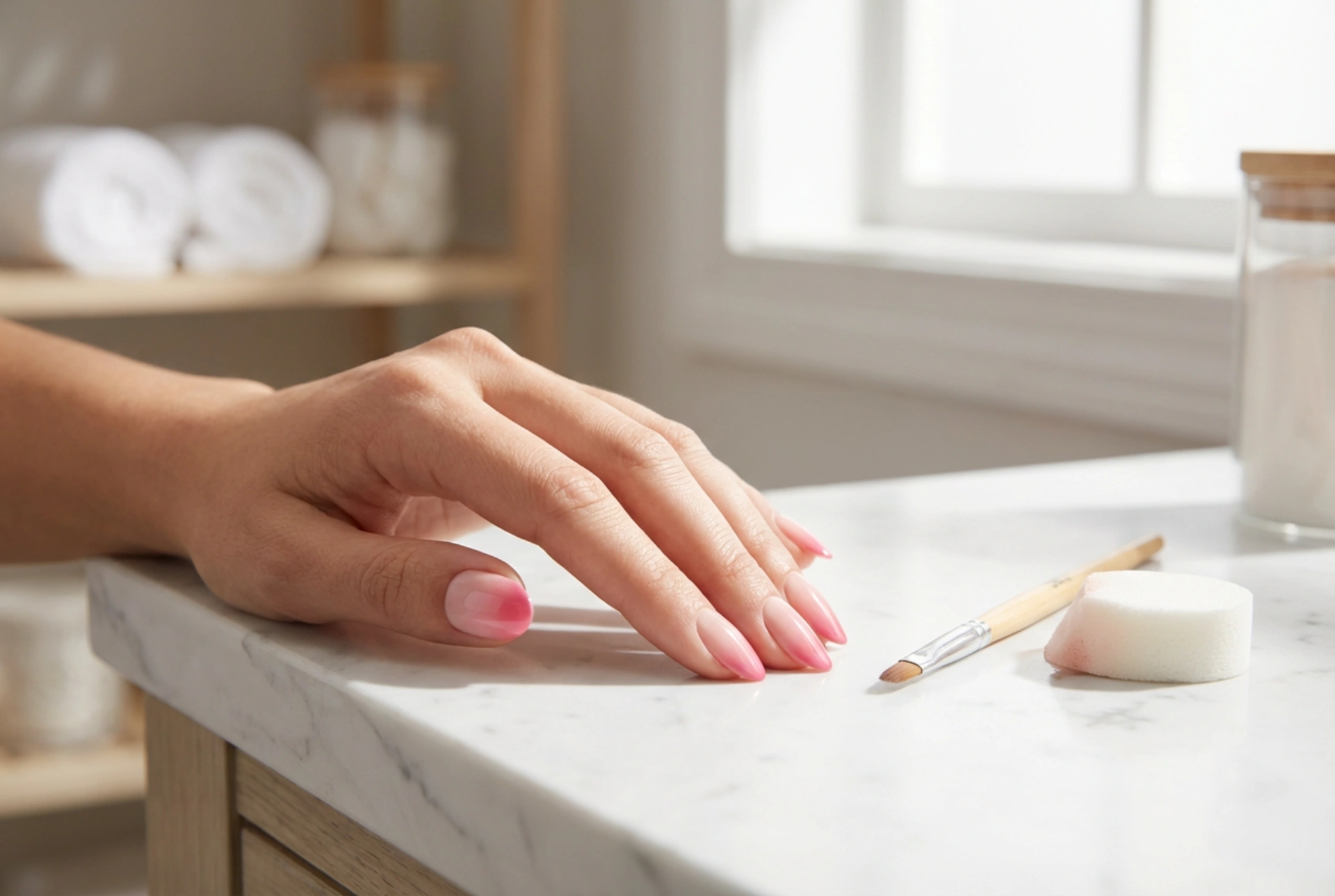 Rosa ombre på naglarna: en mjuk gradient med pensel eller svamp