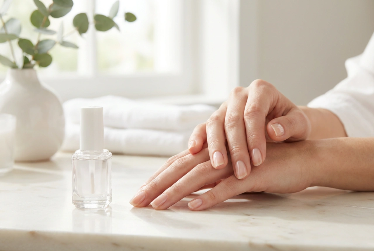 Transparent hybridlack: jämna ut nagelplattan för en naturlig effekt