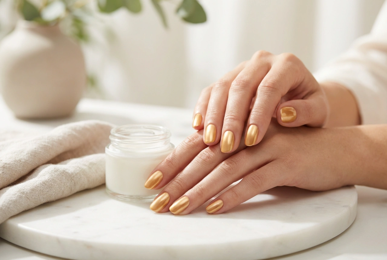 Gyllene hybridnagellack: slät applicering, jämn glans och styling