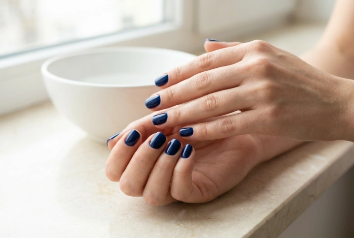 Mörkblått nagellack: förberedelse av nagelplattan och rena konturer