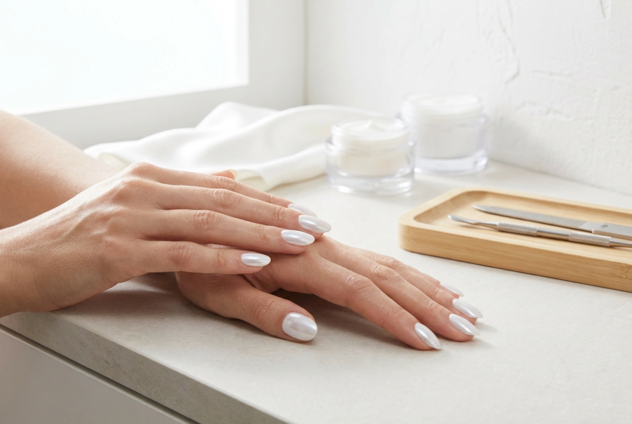 Ljusa naglar med nagelpulver: delikat spegeleffekt steg för steg