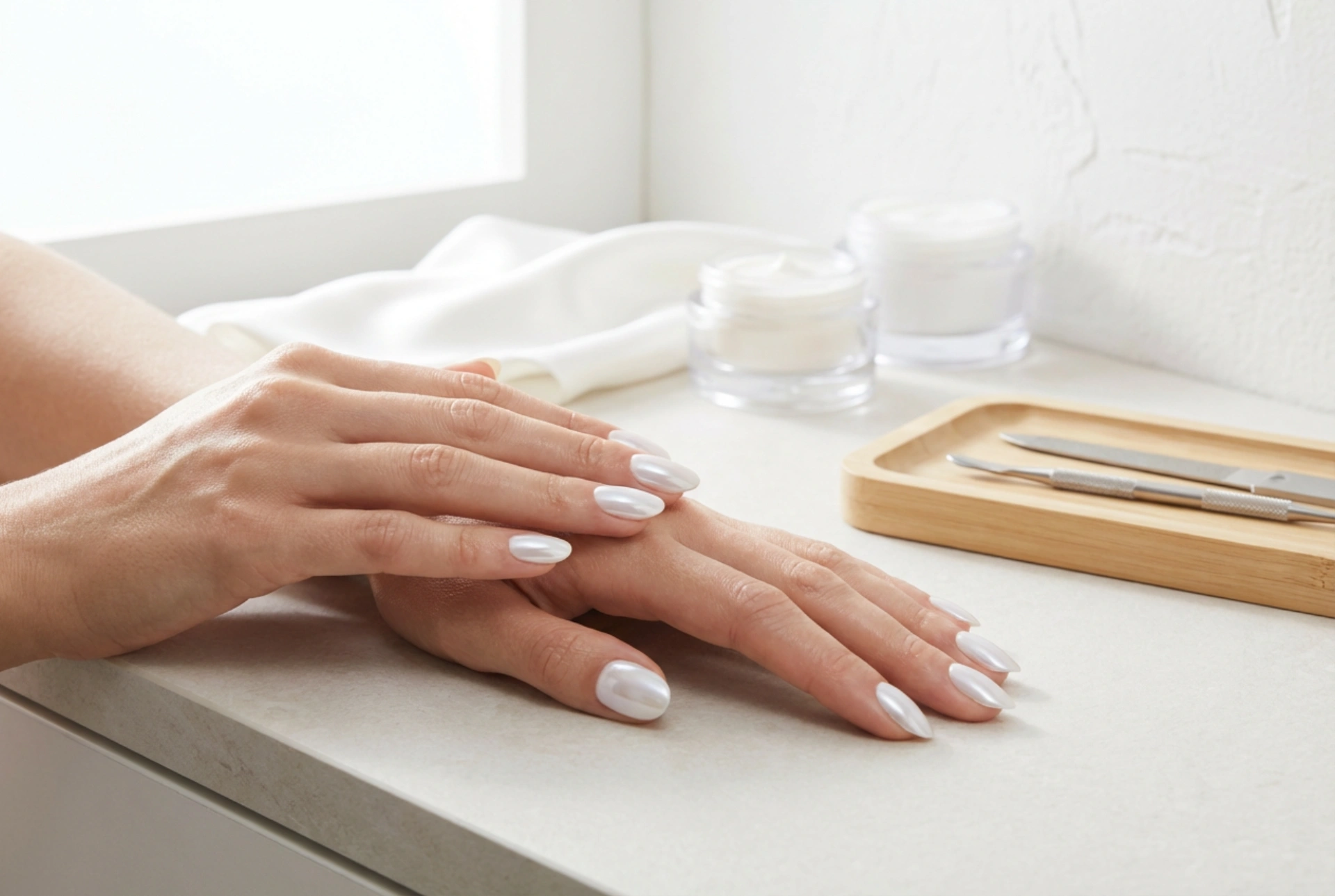 Ljusa naglar med nagelpulver: delikat spegeleffekt steg för steg