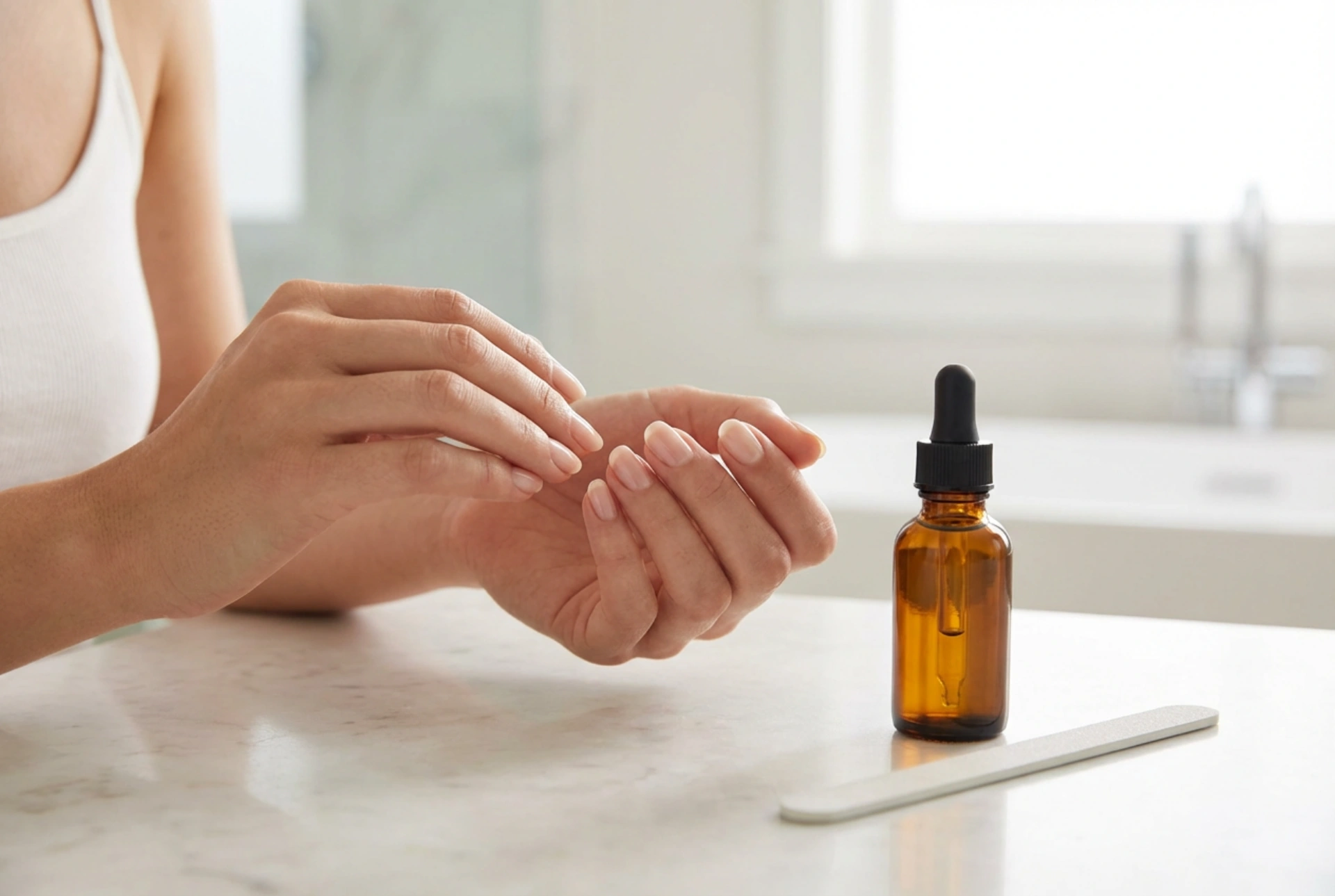 Skivade naglar: skonsam filning, oljor och stärkande vård