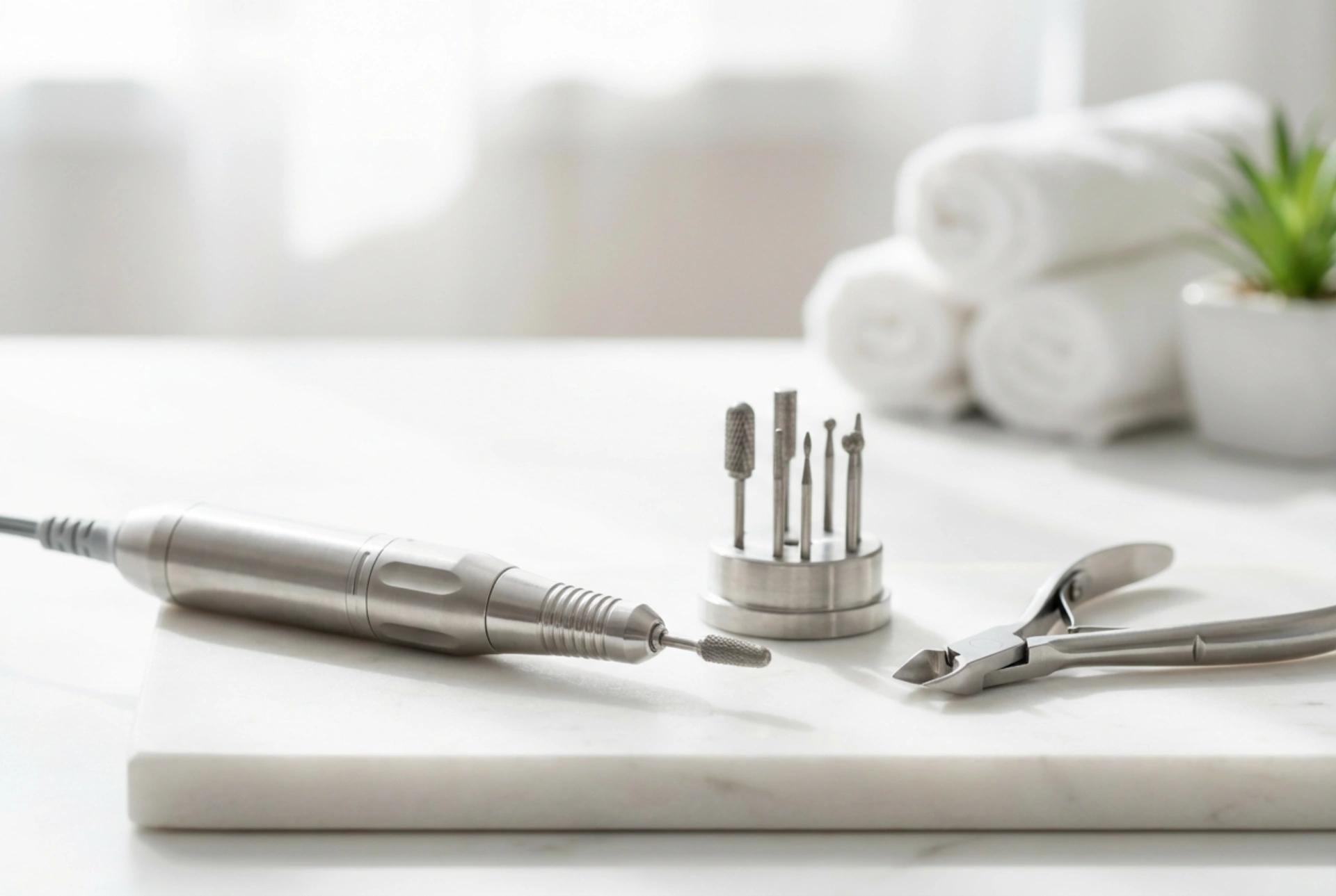 Fotfil för pedikyr: arbetsmiljö, hastigheter och val av slipstift