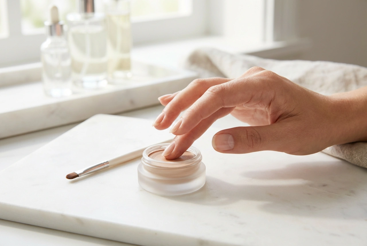 Krämögonskugga utan veck: applicering och fixering