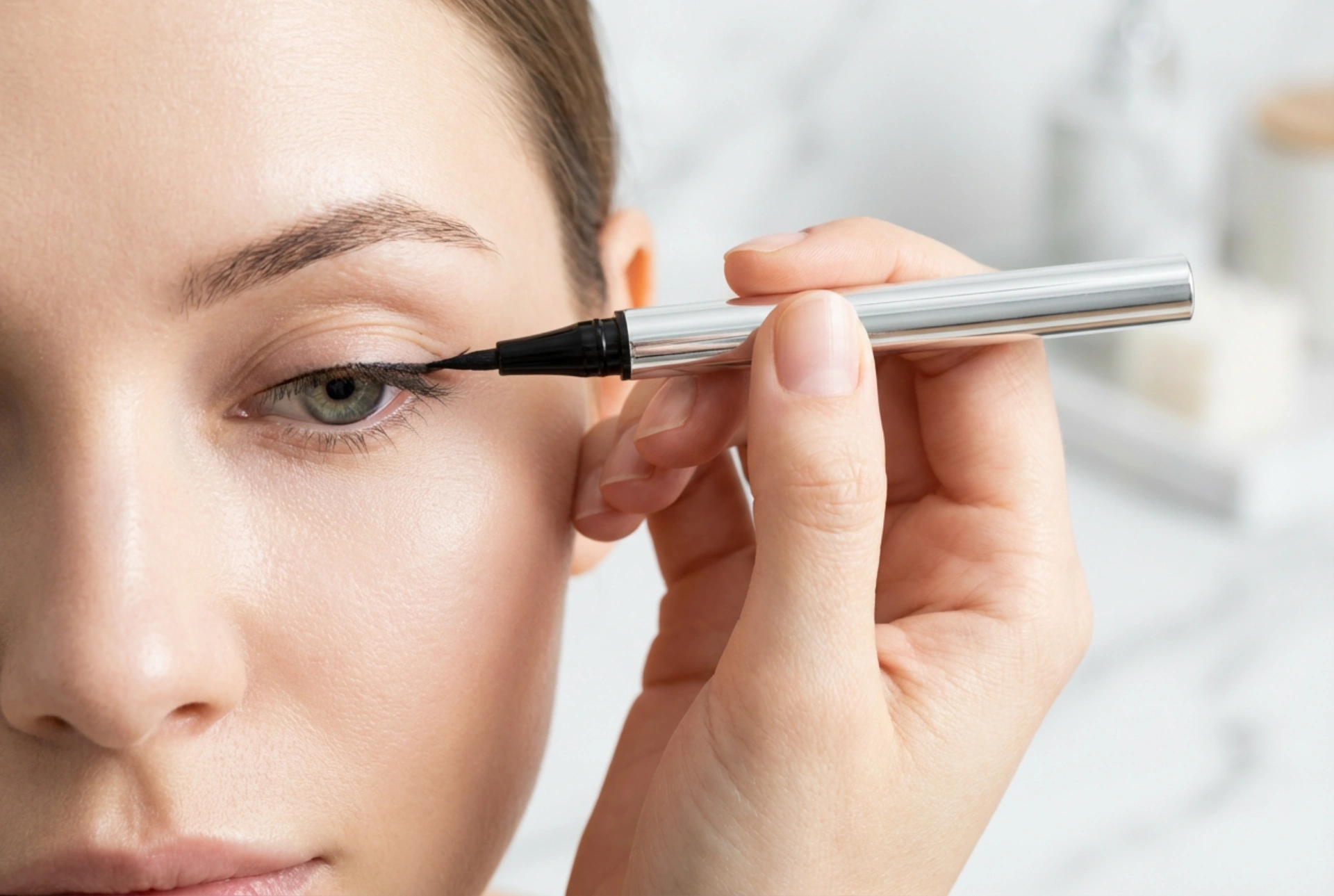 Vattenfast eyeliner för hängande ögonlock: applicering och fixering